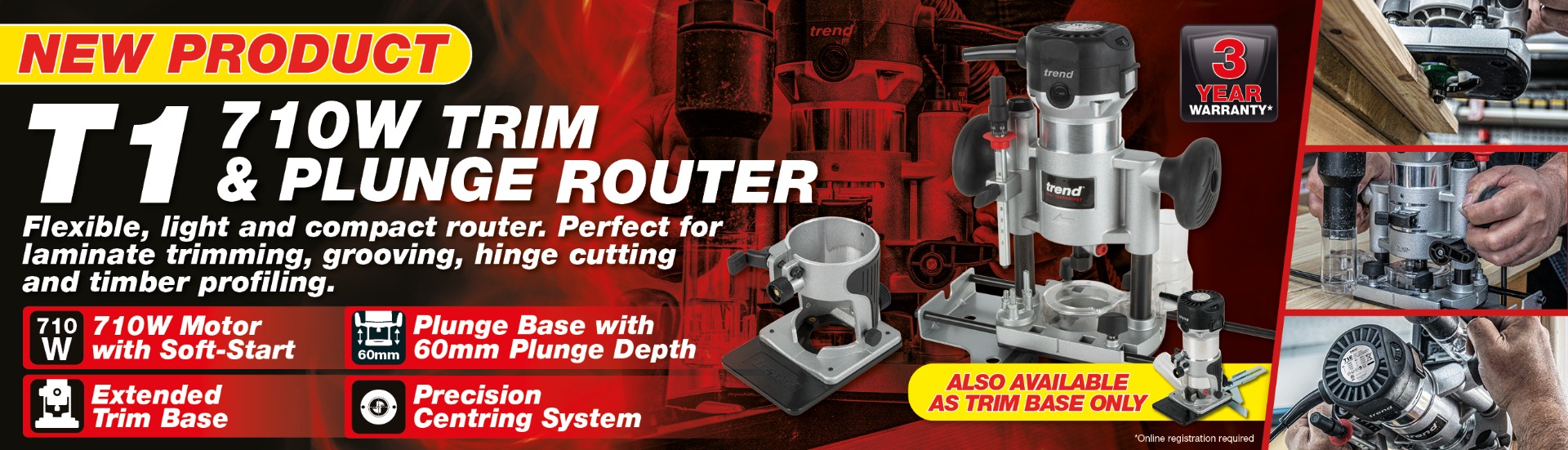 Trend Red Router Trend T1 Dual Base Trim & Plunge Router | Compact & Versatile ...